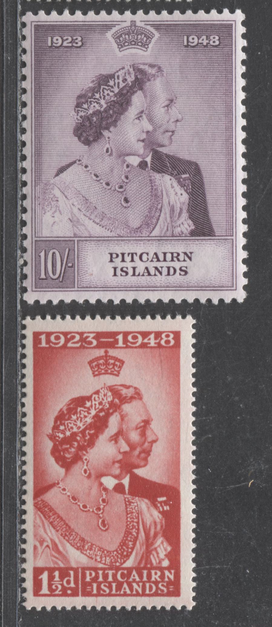 Lot 543 Pitcairn Islands #11-12 1.5d & 10/- Scarlet & Slate Purple King George VI & Queen Elizabeth, 1948 Silver Wedding Issue, 2 VFNH Singles