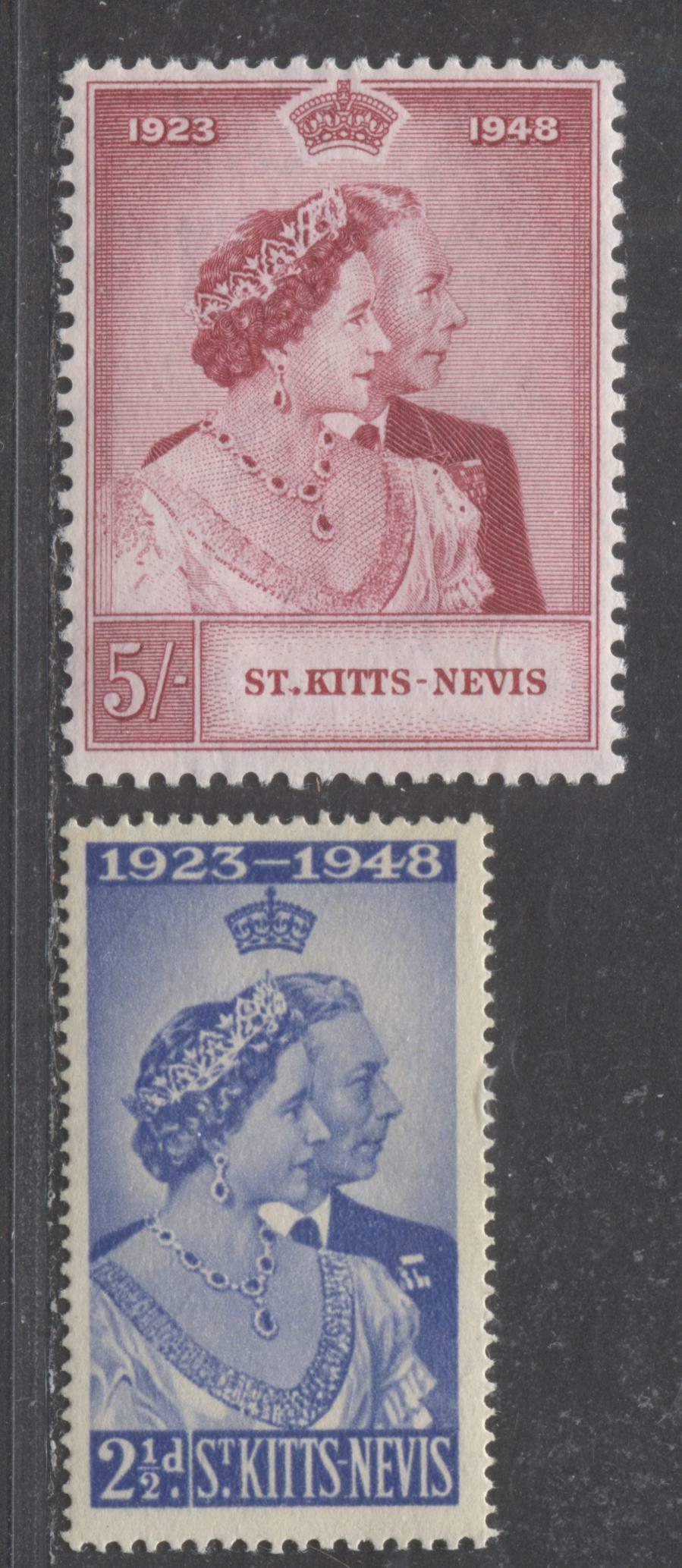 Lot 545A St. Kitts Nevis #93-94 2.5d & 5/- Ultramarine & Cerise King George VI & Queen Elizabeth, 1948 Silver Wedding Issue, 2 Fine & VFOG Singles