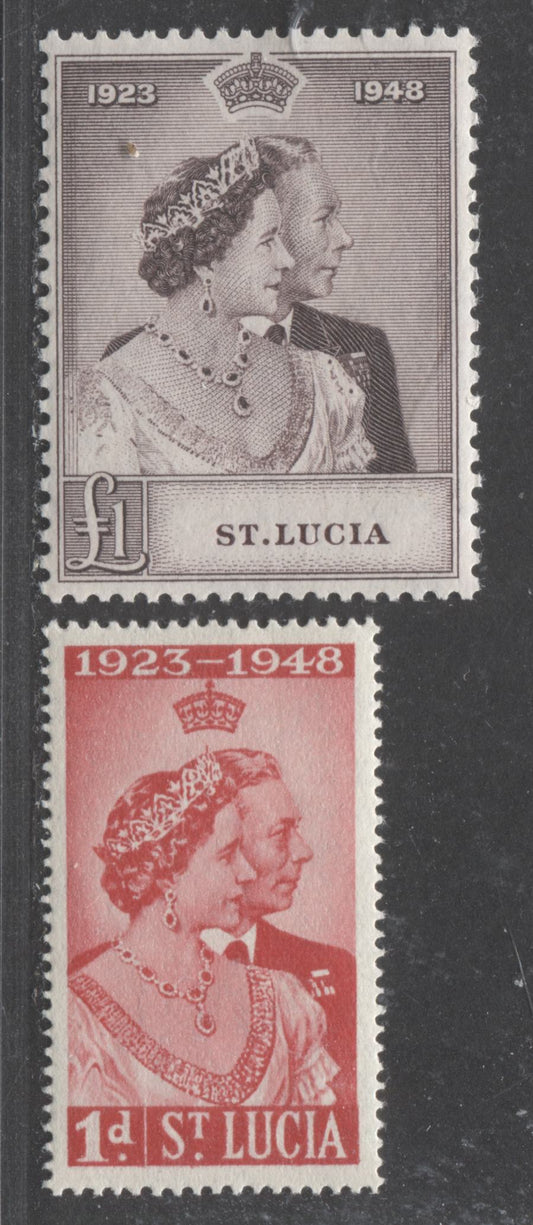 Lot 546 St. Lucia #129-130 1d & 1 Pound Scarlet & Violet Brown King George VI & Queen Elizabeth, 1948 Silver Wedding Issue, 2 VFNH Singles