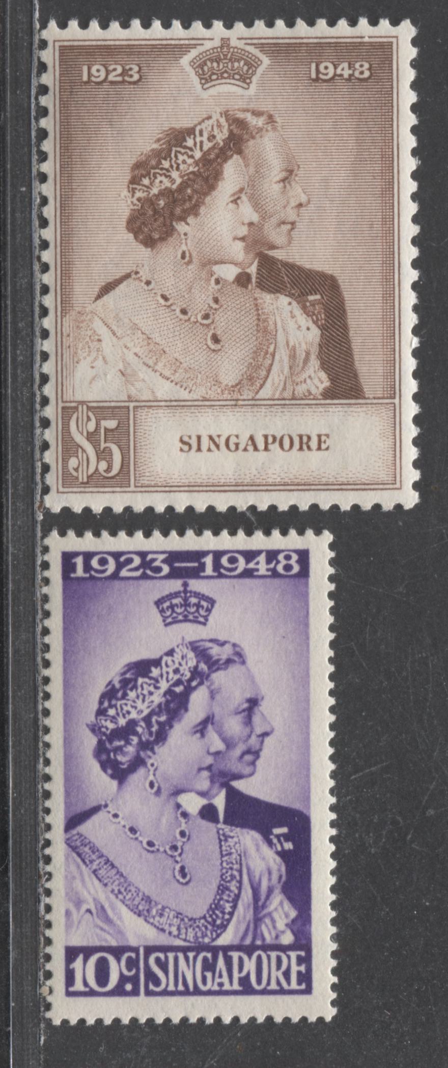 Lot 551 Singapore #21-22 10c & $5 Violet & Brown King George VI & Queen Elizabeth, 1948 Silver Wedding Issue, 2 Fine NH Singles