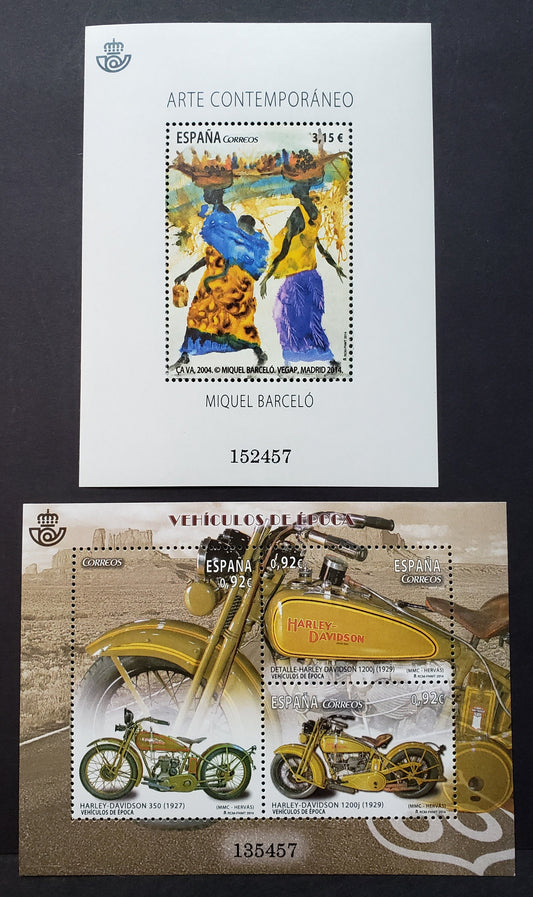 Lot 55 Spain SC#3990/3992 2014 Ca Va By Miquel Barcelo / Harley-Davidson Motorcycles Issues, 2 VFNH Souvenir Sheets, Click on Listing to See ALL Pictures, 2017 Scott Cat. $16