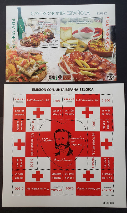 Lot 61 Spain SC#3939var/4025 2014-2015 Red Cross / Culinary Capitals Of 2014 Issues, A VFNH Sheet Of 6 + Label And A Sheet Of 2, Click on Listing to See ALL Pictures, 2017 Scott Cat. $19.25