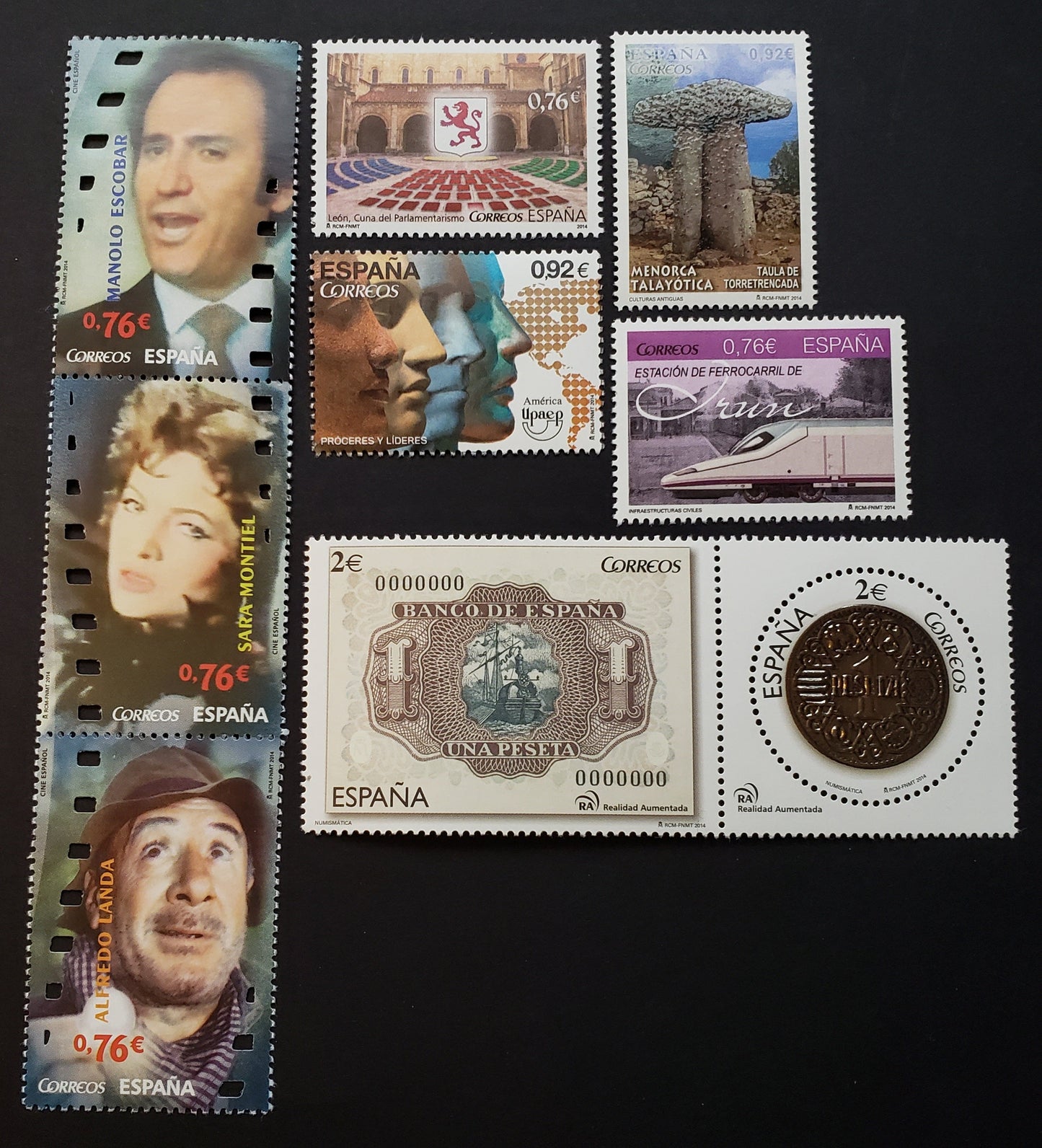 Lot 63 Spain SC#3991/4006 2014 Movie Stars / Peseta Currency Issues, 4 VFNH Singles, A Strip Of 3 And A Pair, Click on Listing to See ALL Pictures, 2017 Scott Cat. $24.7