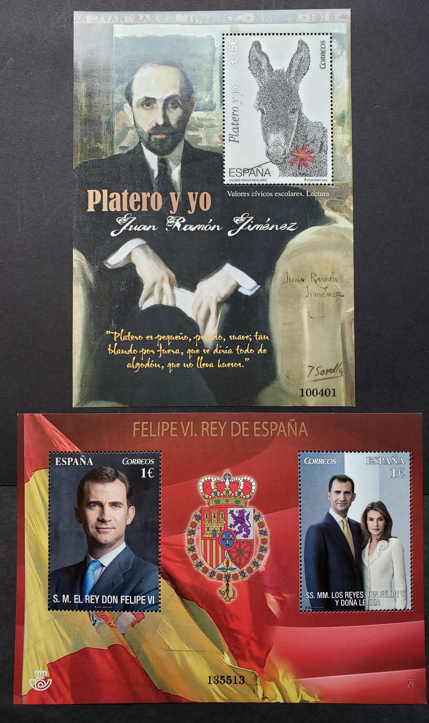 Lot 71 Spain SC#4003/4007 2015 King Felipe VI Accession To The Throne / Platero Y Yo Issues, 2 VFNH Souvenir Sheets, Click on Listing to See ALL Pictures, 2017 Scott Cat. $13