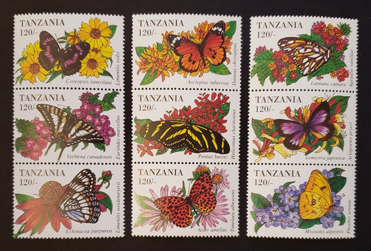 Lot 78 Tanzania SC#1244a-h/1244a-h 1994 Butterflies And Flowers, 3 VFNH Strips Of 3, Click on Listing to See ALL Pictures, Estimated Value $9