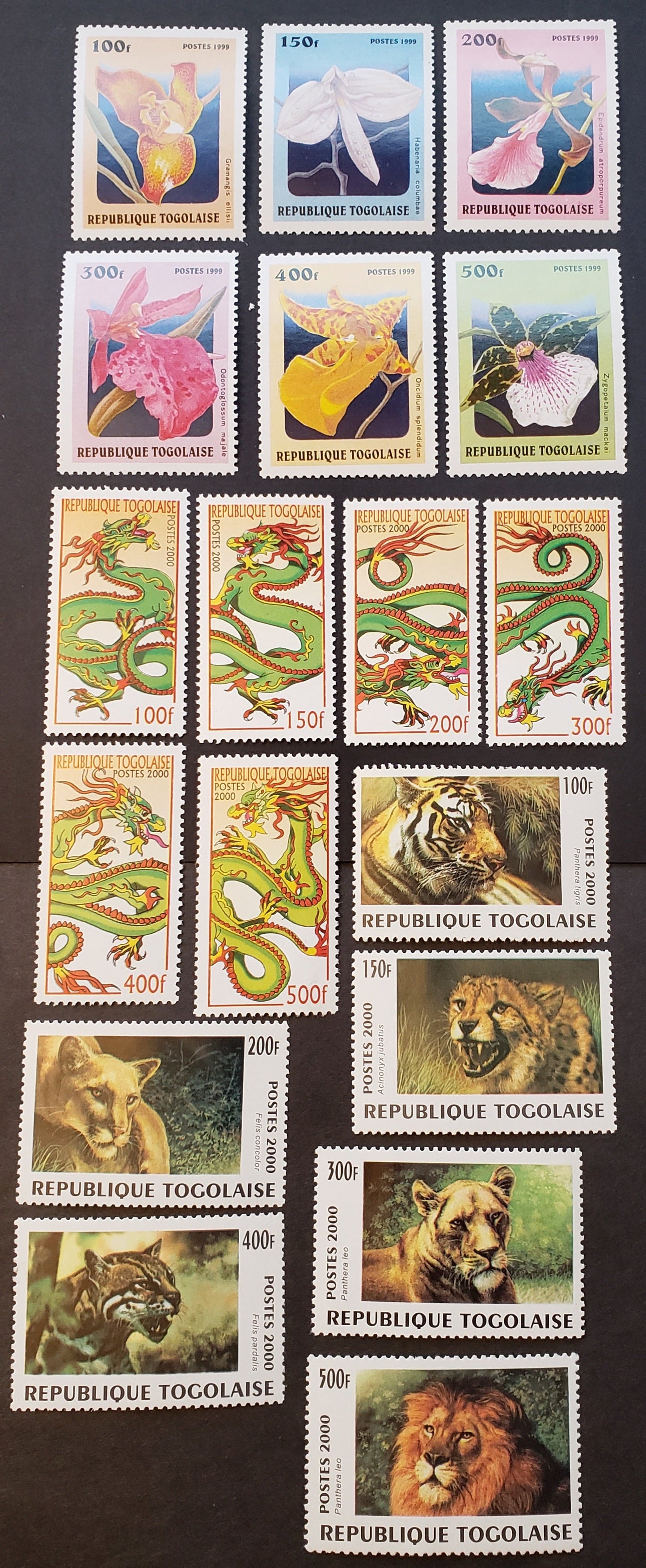 Lot 87 Togo SC#1911O/1924 2000 Orchids / Wild Cats Issues, 18 VFNH Singles, Click on Listing to See ALL Pictures, 2017 Scott Cat. $18.5