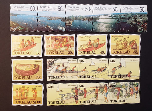 Lot 91 Tokelau SC#150/164 1988-1989 SYDPEX '88 / Food Gathering Issues, 5 VFOG Singles, A Strip Of 5 And 2 Strips Of 3, Click on Listing to See ALL Pictures, 2017 Scott Cat. $24.35