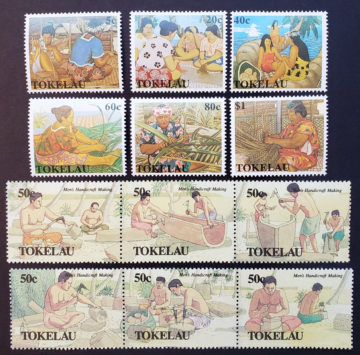 Lot 92 Tokelau SC#165/177a 1990 Women's Work And Leisure / Men's Handicrafts Issues, 6 VFOG Singles And 2 Strips Of 3, Click on Listing to See ALL Pictures, 2017 Scott Cat. $21