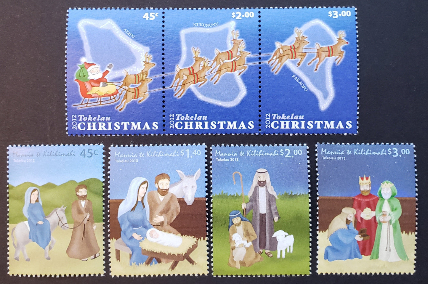 Lot 94 Tokelau SC#412a/422 2012-213 Christmas Issues, A VFNH Strip Of 3 And 4 Singles, Click on Listing to See ALL Pictures, 2017 Scott Cat. $20.75