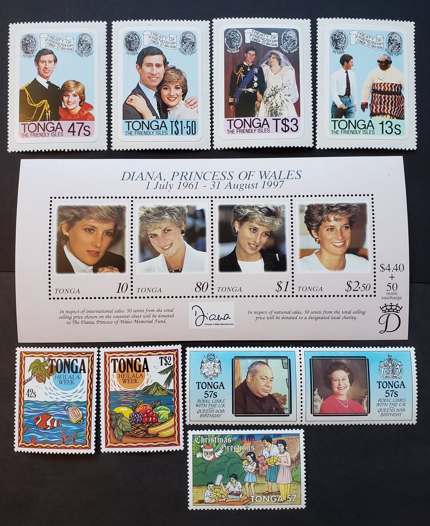 Lot 99 Tonga SC#485/980 1981-1998 Prince Charles And Lady Diana / Diana, Princess Of Wales Issues, 7 VFNH Singles, A Pair And A Sheet Of 4, Click on Listing to See ALL Pictures, 2017 Scott Cat. $21.3