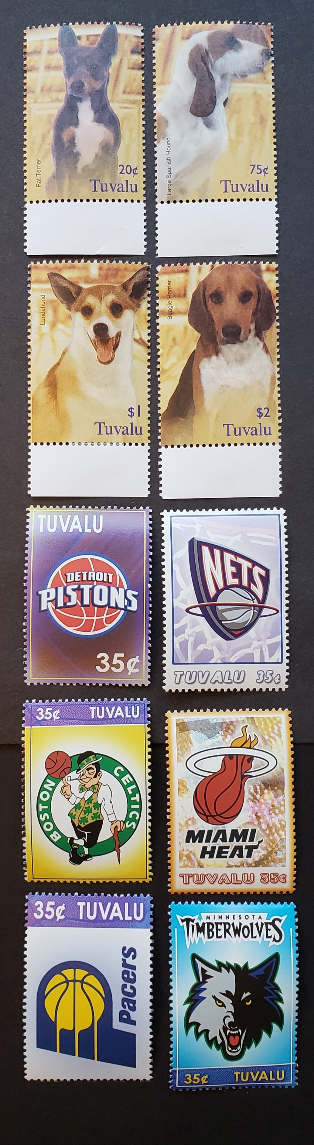 Lot 3 Tuvalu SC#960/993a 2005-2006 Dogs / NBA Issues, 10 VFNH Singles, Click on Listing to See ALL Pictures, Estimated Value $10