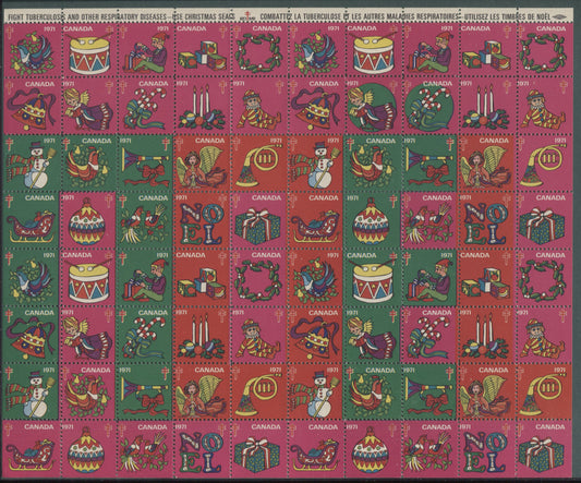 Canada #WX70  Multicoloured Christmas Symbols, 1971 Christmas Seal Issue, A VFNH Full Sheet Of 80