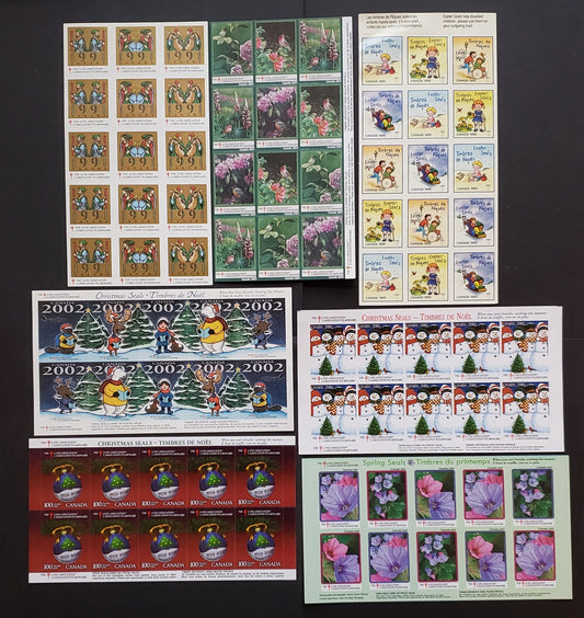 Canada #WX90/WX109  Multicoloured Various Designs, 1990/2010 Christmas & Easter Seal Issues, 7 Fine & VFNH Sheets Of 10 & 15