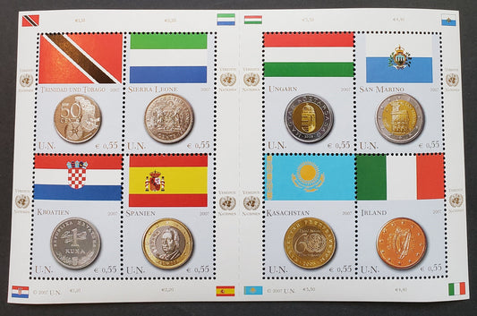 United Nations - Vienna, Austria SC#392 2007 Flags And Coins Issue, A VFNH Sheet Of 8, Click on Listing to See ALL Pictures, 2017 Scott Cat. $13