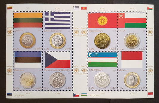 United Nations - Vienna, Austria SC#483/483 2011 Flags And Coins Issue, A VFNH Sheet Of 8, Click on Listing to See ALL Pictures, 2017 Scott Cat. $15