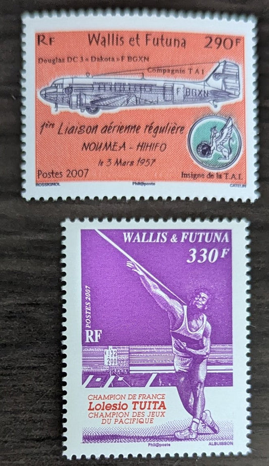 Lot 103 Wallis & Futuna SC#635/638 2007 First Noumea-Hihifo Air Service - Lolesio Tuiti Issues, 2 VFNH Singles, Click on Listing to See ALL Pictures, 2017 Scott Cat. $14.25