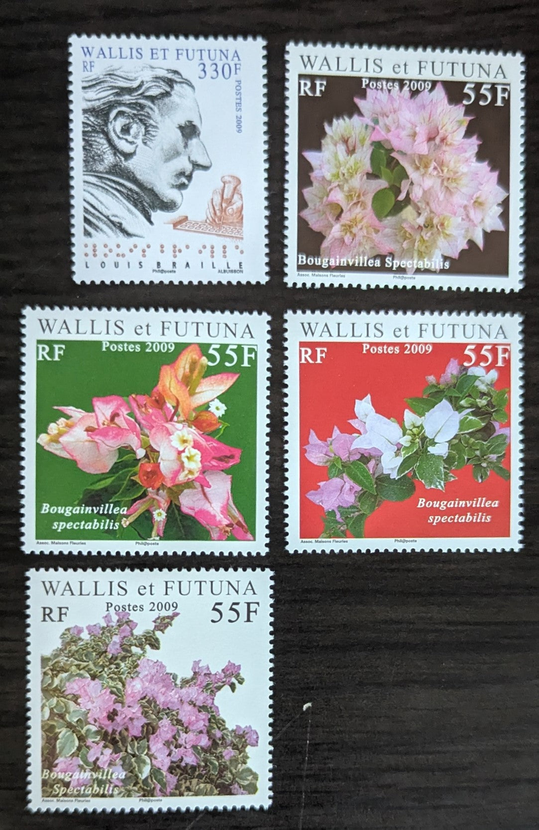 Lot 114 Wallis & Futuna SC#665-669 2009 Louis Braille - Flowers Issues, 5 VFNH Singles, Click on Listing to See ALL Pictures, 2017 Scott Cat. $12.75