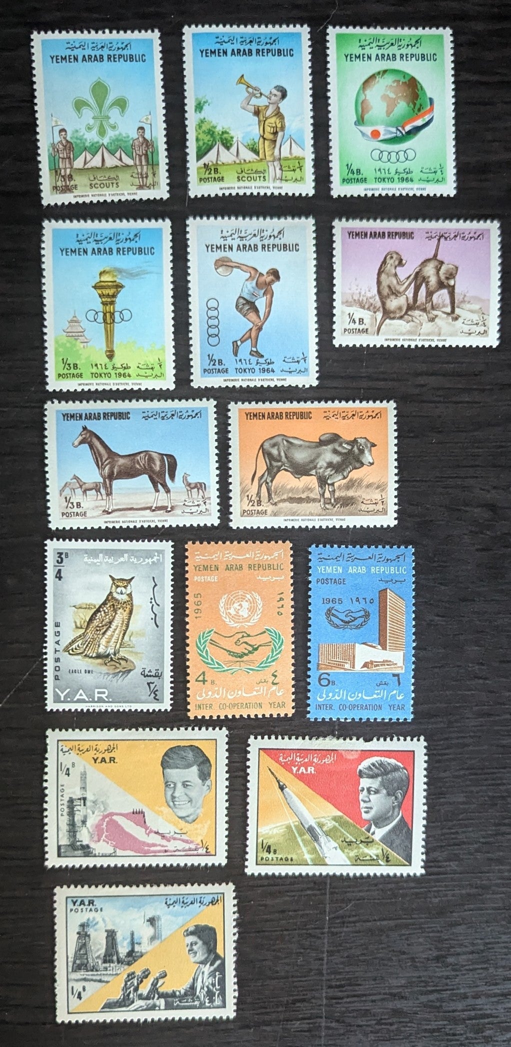 Lot 147 Yemen SC#196/216B 1964-1965 Summer Olympic Games Tokyo - Pres. John F Kennedy Issues, 14 VFOG Singles, Click on Listing to See ALL Pictures, 2017 Scott Cat. $5.35