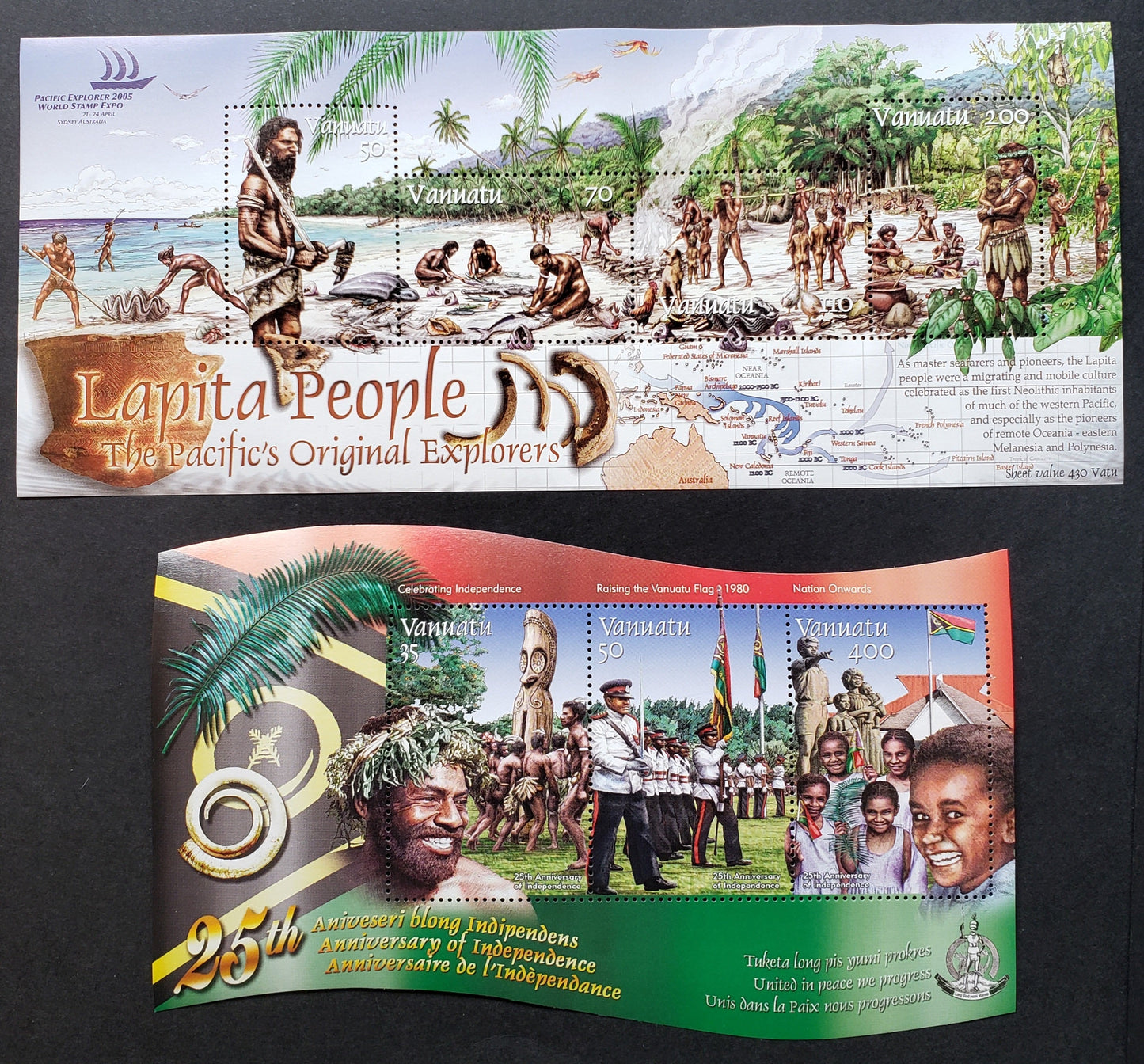 Lot 157 Vanuatu SC#868/873 2005 Lapita People / Independence 25th Anniv. Issues, A VFNH Sheet Of 4 And A Sheet Of 3, Click on Listing to See ALL Pictures, 2017 Scott Cat. $24