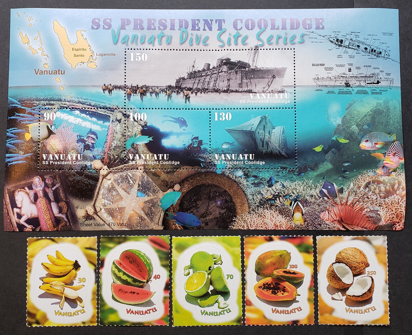 Lot 163 Vanuatu SC#913/928 2006-2007 Shipwreck Of The SS President Coolidge / Fruit Issues, 5 VFNH Singles And A Sheet Of 4, Click on Listing to See ALL Pictures, 2017 Scott Cat. $18