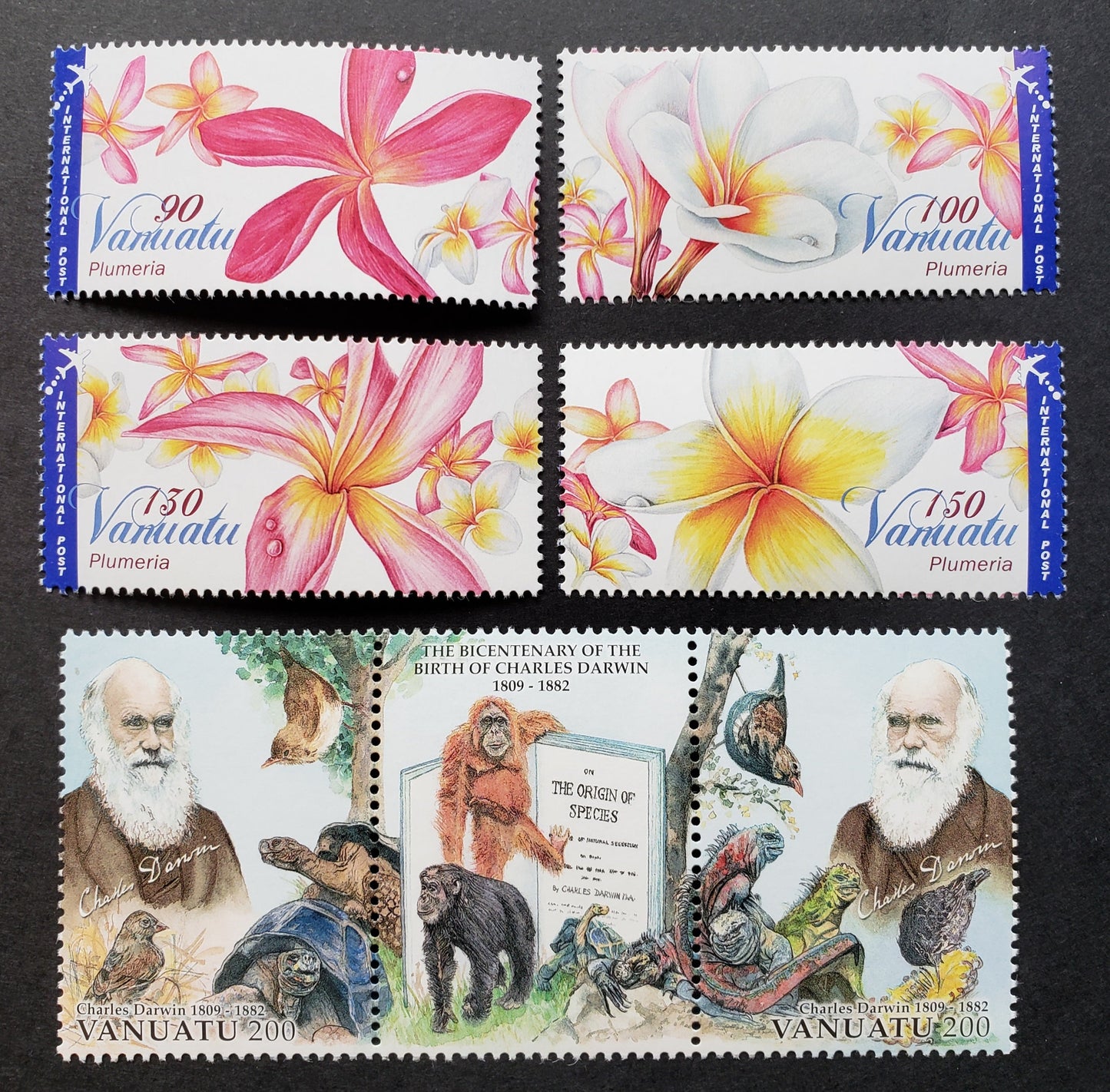 Lot 169 Vanuatu SC#972/978 2009 Plumeria Flowers / Charles Darwin Issues, 4 VFNH Singles And A Pair With Label, Click on Listing to See ALL Pictures, 2017 Scott Cat. $15.5