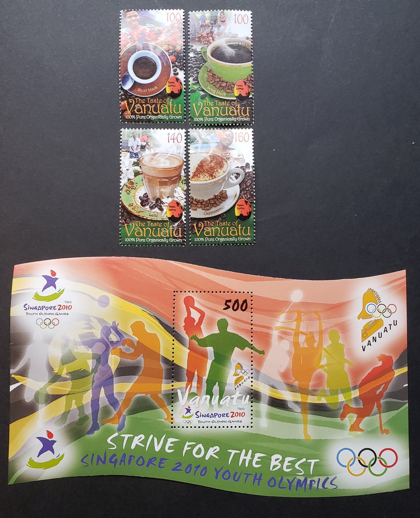 Lot 171 Vanuatu SC#991/1006 2010 Youth Olympics / Tanna Coffee Issues, 4 VFNH Singles And A Souvenir Sheet, Click on Listing to See ALL Pictures, 2017 Scott Cat. $18.25