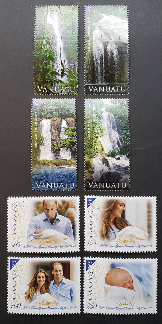 Lot 177 Vanuatu SC#1057/1064 2013 Waterfalls / Birth Of Prince George Issues, 8 VFNH Singles, Click on Listing to See ALL Pictures, 2017 Scott Cat. $18.75