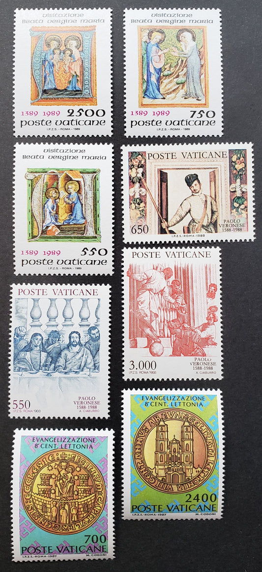 Lot 185 Vatican City SC#783/828 1987-1989 Seals / Illuminations Issues, 8 VFNH Singles, Click on Listing to See ALL Pictures, 2017 Scott Cat. $14.5