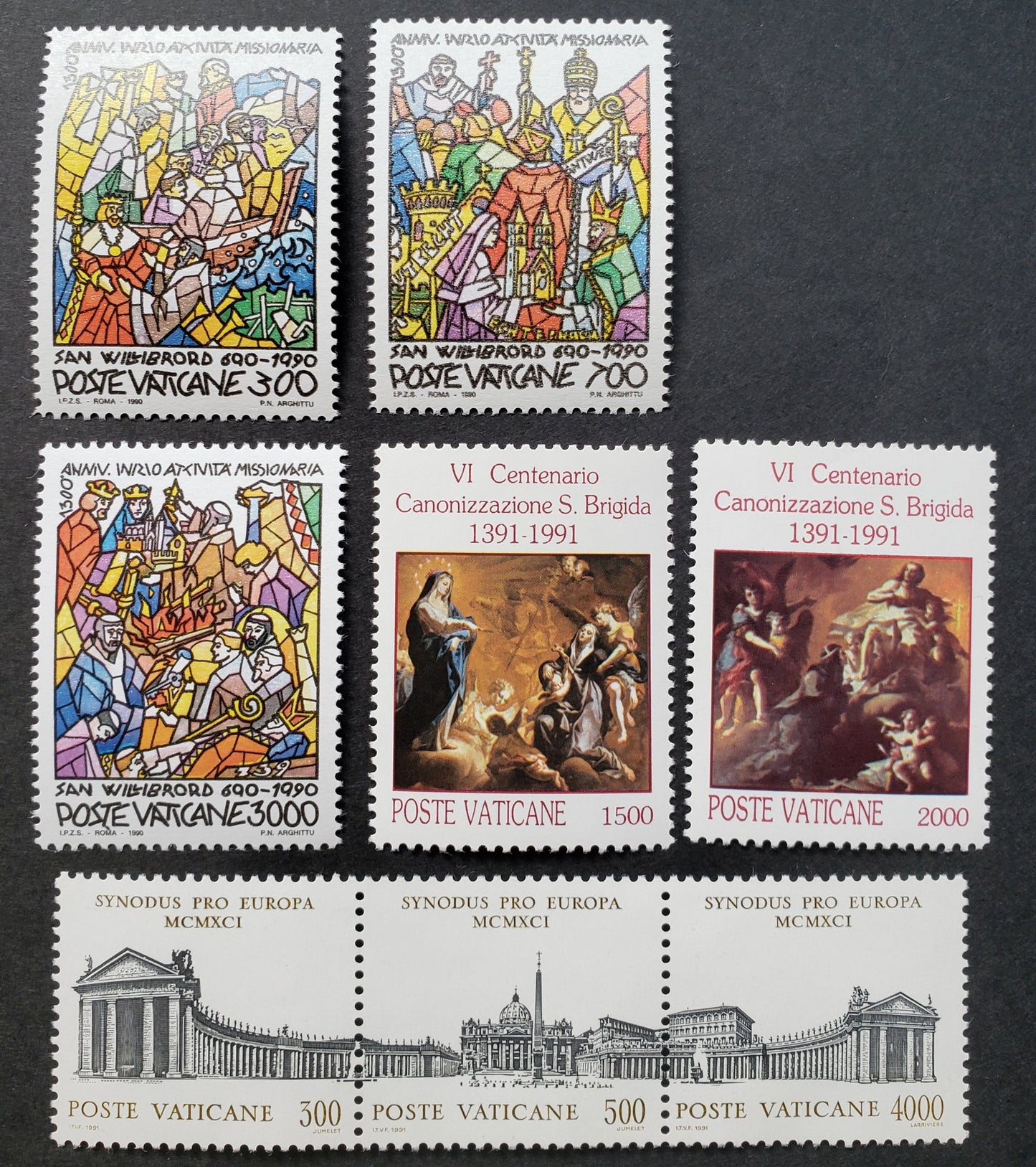 Lot 186 Vatican City SC#858/897a 1990-1991 1300th Anniv. Of Ministry Of St. Willbroad / Special Assembly Issues, 5 VFNH Singles And A Strip Of 3, Click on Listing to See ALL Pictures, 2017 Scott Cat. $19.5