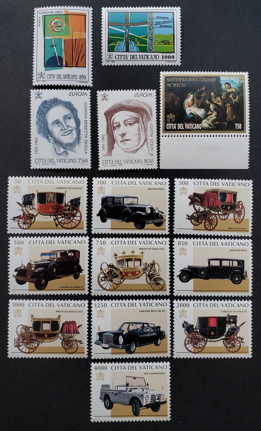 Lot 187 Vatican City SC#942/1037 1994-1997 Special Assembly For Africa / Papal Carriages And Automobiles Issues, 15 VFNH Singles, Click on Listing to See ALL Pictures, 2017 Scott Cat. $21.1