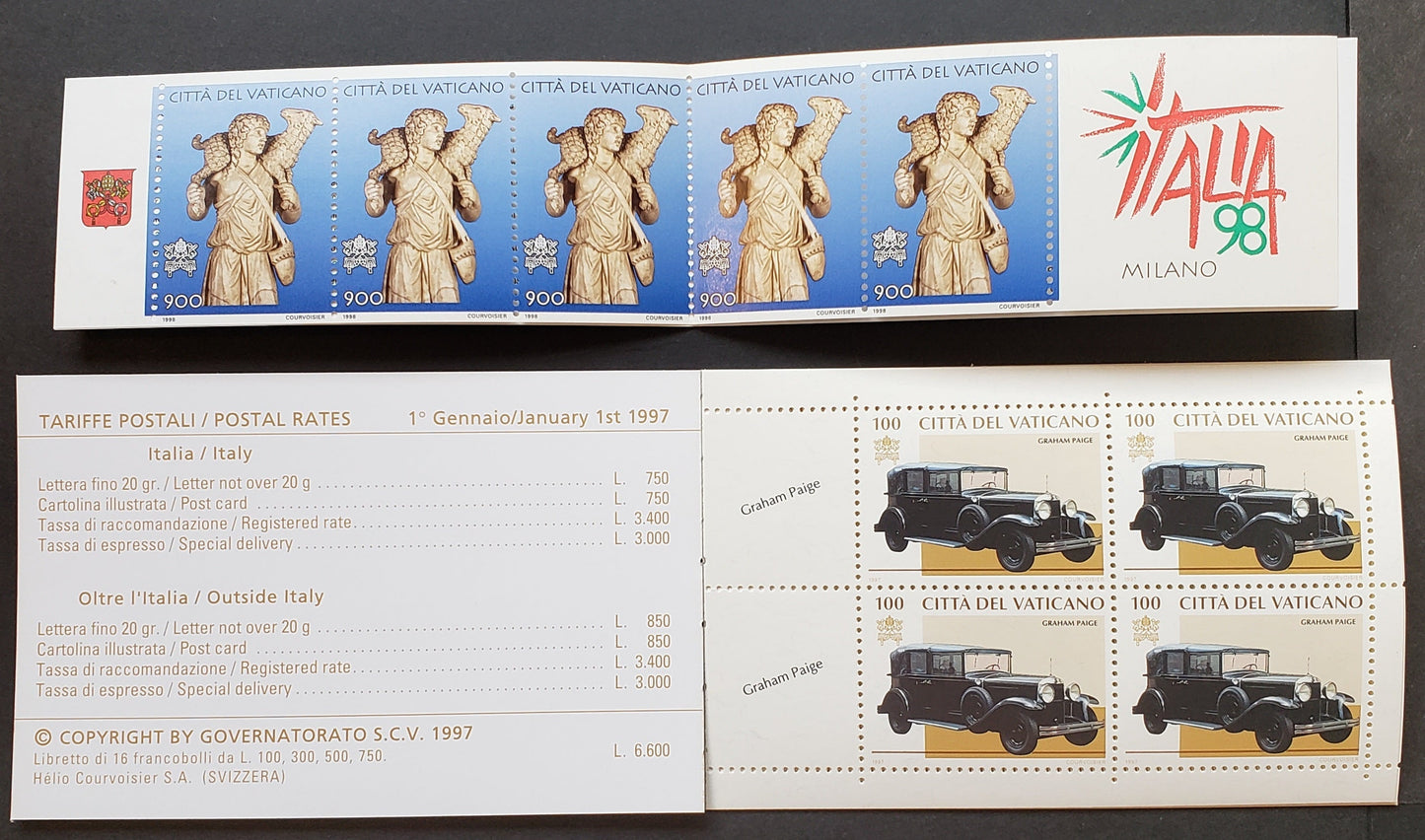 Lot 188 Vatican City SC#1032a var 1997 Papal Carriages And Automobiles / The Good Shepard Issues, A VFNH Booklet Of 4 Panes Of 4 And A Booklet Pane Of 5, Click on Listing to See ALL Pictures, 2017 Scott Cat. $15