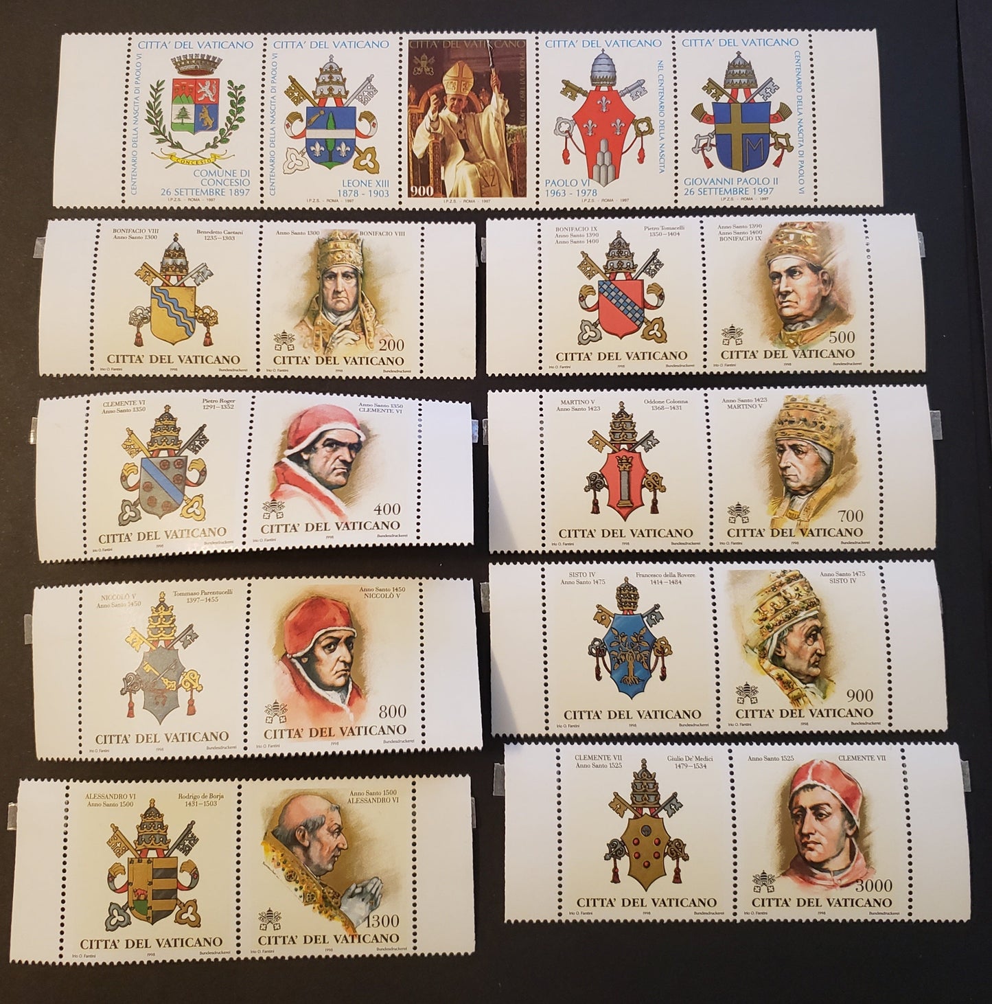 Lot 191 Vatican City SC#1050var/1072 1997-1998 Pope VI / The Popes Of The Holy Years Issues, 8 VFNH Singles With Labels And A Single With 4 Labels, Click on Listing to See ALL Pictures, 2017 Scott Cat. $12.55