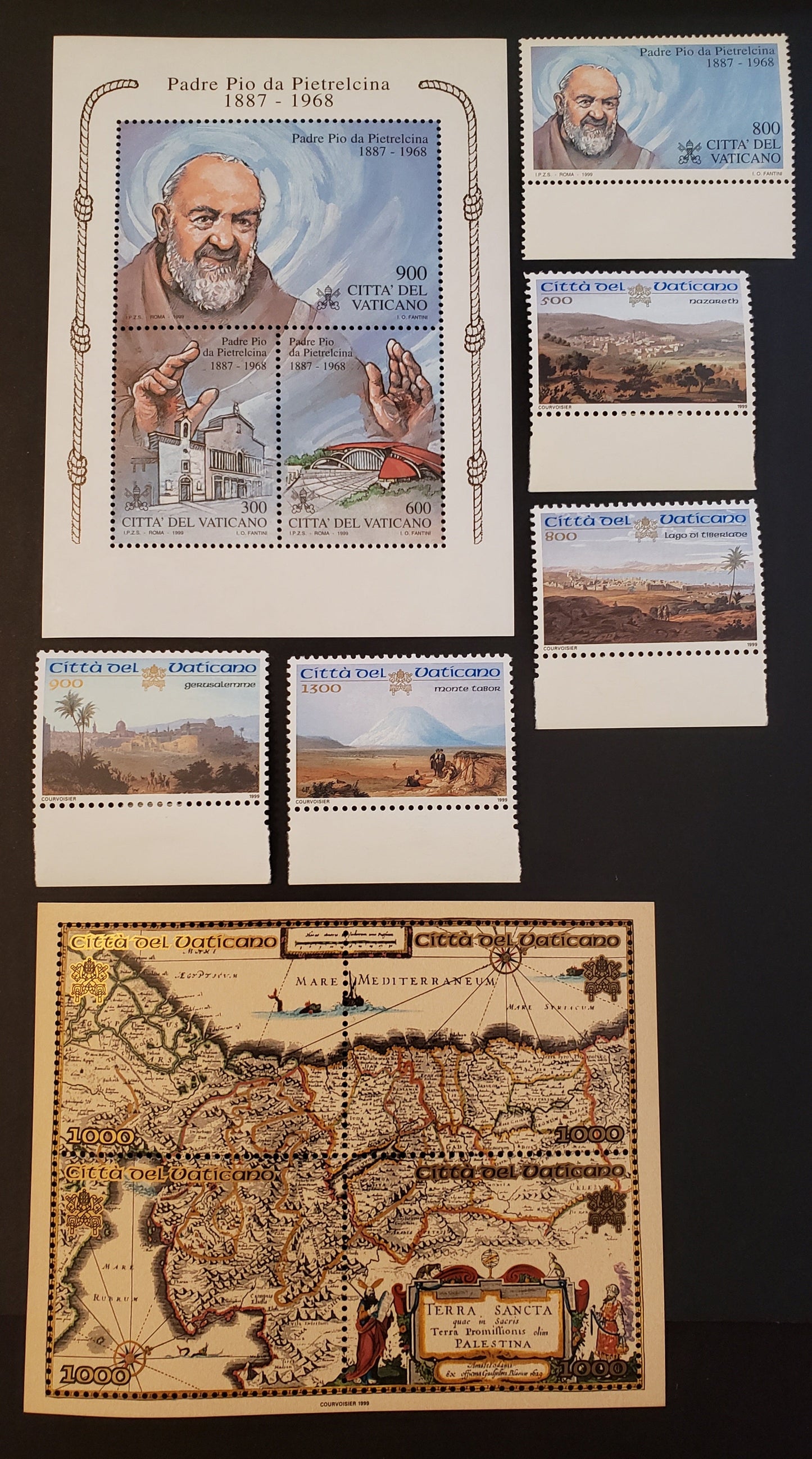 Lot 197 Vatican City SC#1105/1112 1999 Padre Pio De Pietrelcina / Holy Places In Palestine Issues, 5 VFNH Singles, A Sheet Of 4 And A Sheet Of 3, Click on Listing to See ALL Pictures, 2017 Scott Cat. $18.6