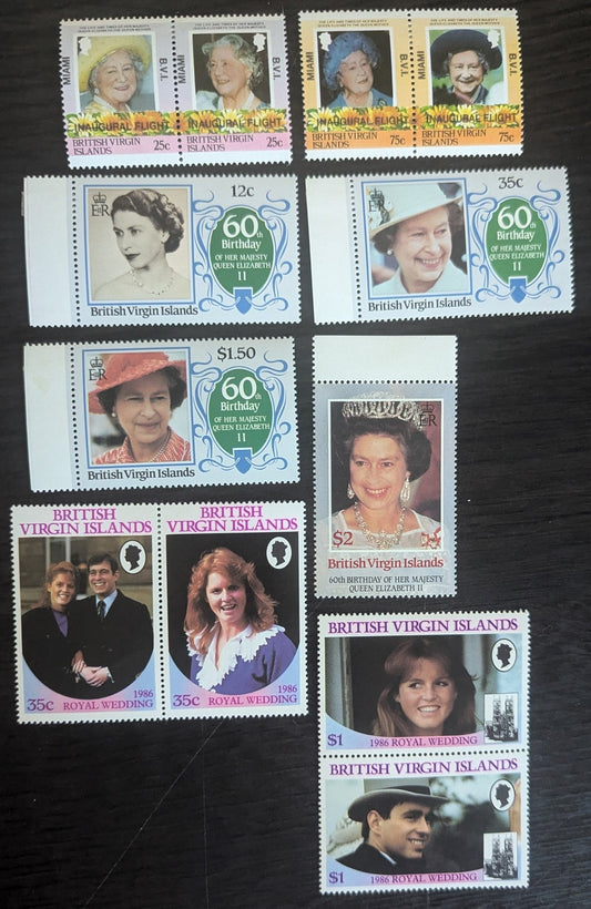 Lot 1 Virgin Islands SC#528/540 1986 Queen Mother, 85th Birthday - Wedding of Prince Andew & Sarah Ferguson Issues, 8 VFNH Singles & Pairs, Click on Listing to See ALL Pictures, 2017 Scott Cat. $10.45