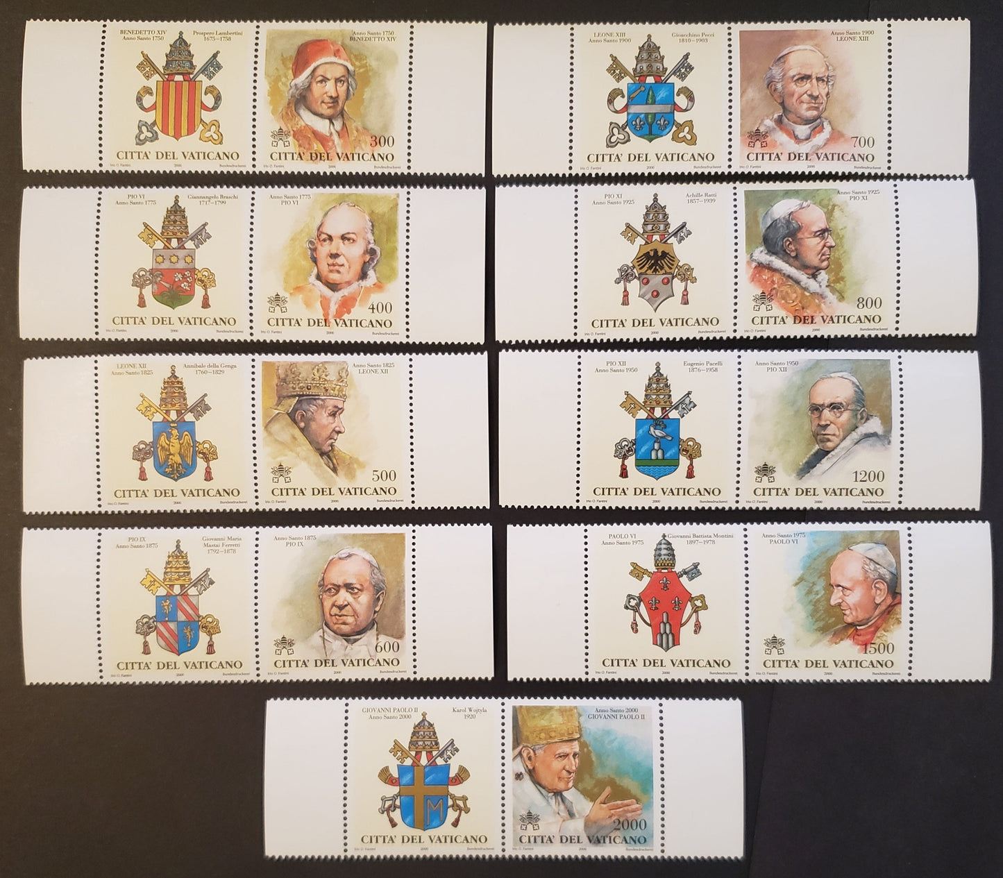 Lot 201 Vatican City SC#1141/1149 2000 Popes Of The Holy Years Issue, 9 VFNH Singles With Labels, Click on Listing to See ALL Pictures, 2017 Scott Cat. $17