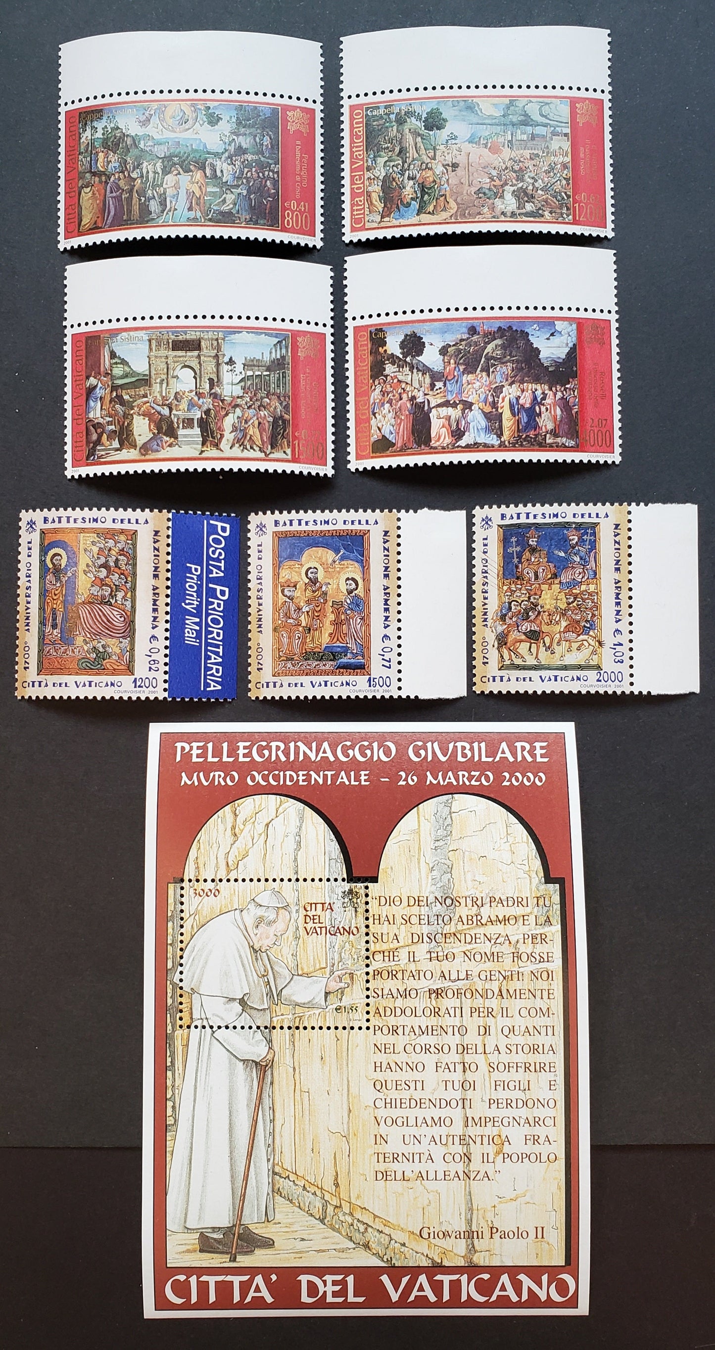 Lot 208 Vatican City SC#1172/1190 2001 Sistine Chapel Restoration / Travels Of Pope John Paul II Issues, 7 VFNH Singles And A Souvenir Sheet, Click on Listing to See ALL Pictures, 2017 Scott Cat. $19.75