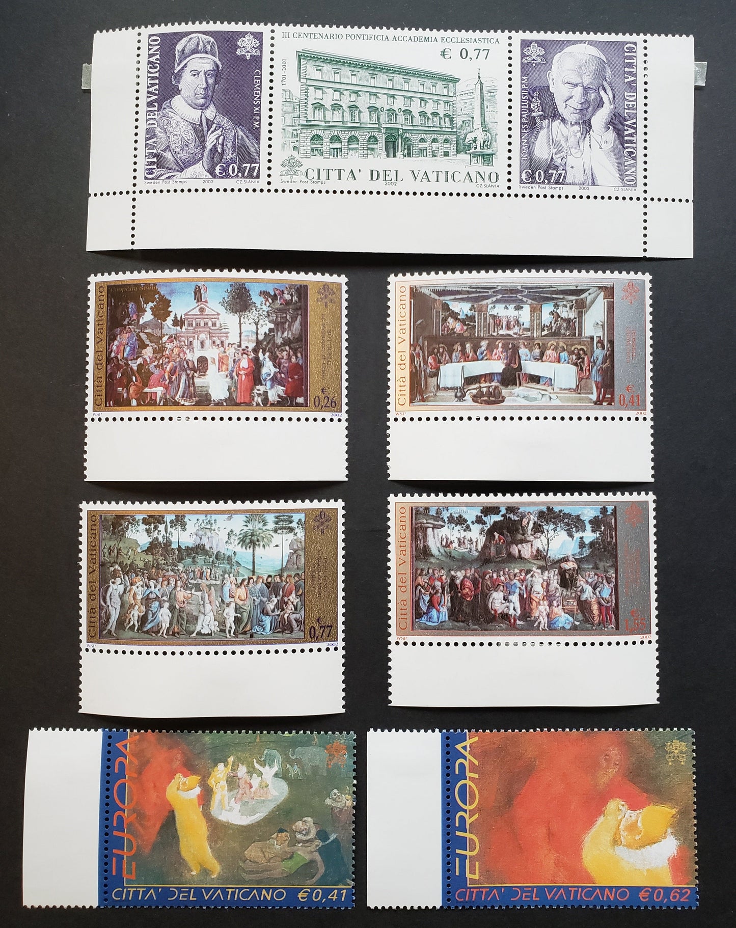 Lot 210 Vatican City SC#1214/1220 2002 Pontificial Ecclesiastical Acadamy / Europa Issues, 6 VFNH Singles And A Strip Of 3, Click on Listing to See ALL Pictures, 2017 Scott Cat. $16.15