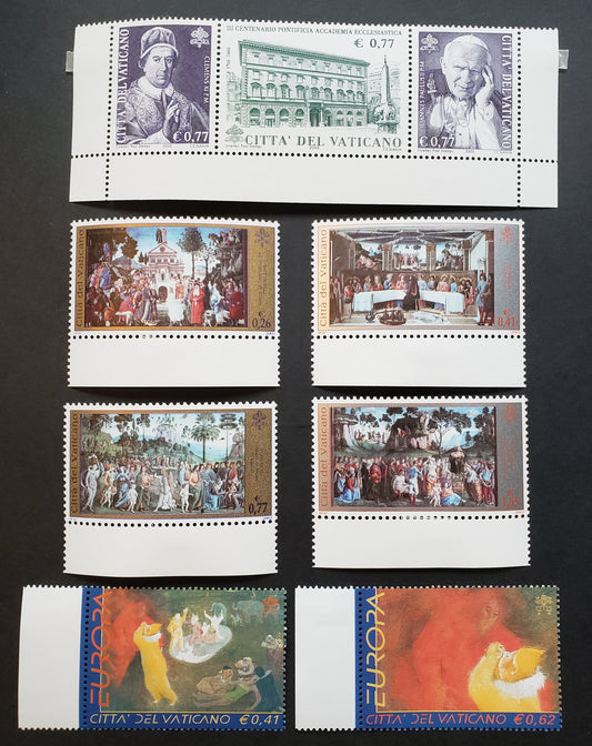 Lot 210 Vatican City SC#1214/1220 2002 Pontificial Ecclesiastical Acadamy / Europa Issues, 6 VFNH Singles And A Strip Of 3, Click on Listing to See ALL Pictures, 2017 Scott Cat. $16.15