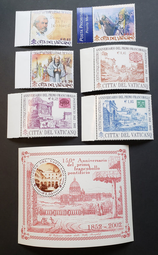 Lot 211 Vatican City SC#1221/1227 2002 Roman States Postage Stamps 150th Anniv. / St. Leo IX Issues, 6 VFNH Singles And A Souvenir Sheet, Click on Listing to See ALL Pictures, 2017 Scott Cat. $15