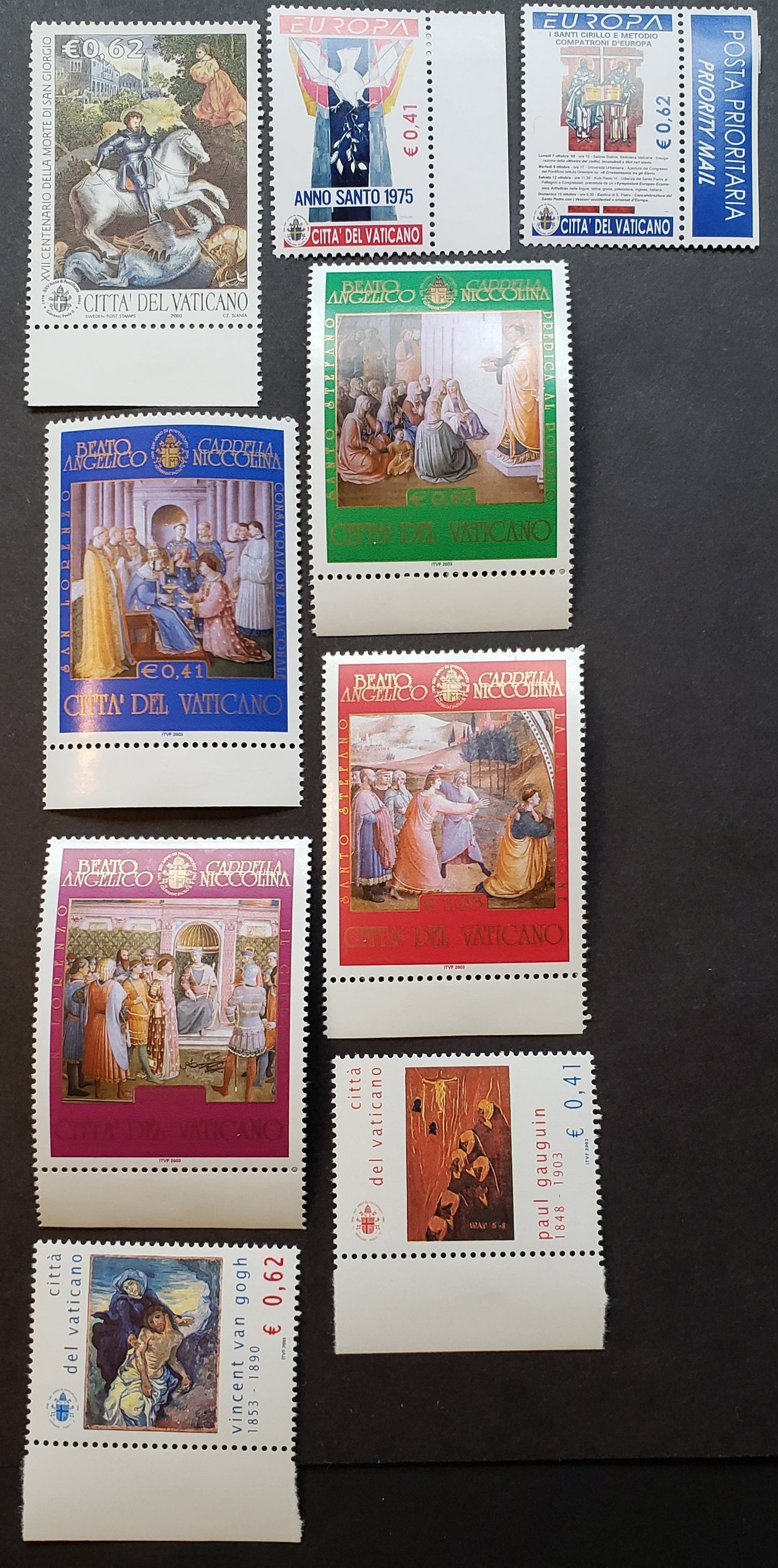 Lot 215 Vatican City SC#1238/1247 2003 Martyrdom Of St. George / 19th Century Artists Issues, 9 VFNH Singles, Click on Listing to See ALL Pictures, 2017 Scott Cat. $14.15