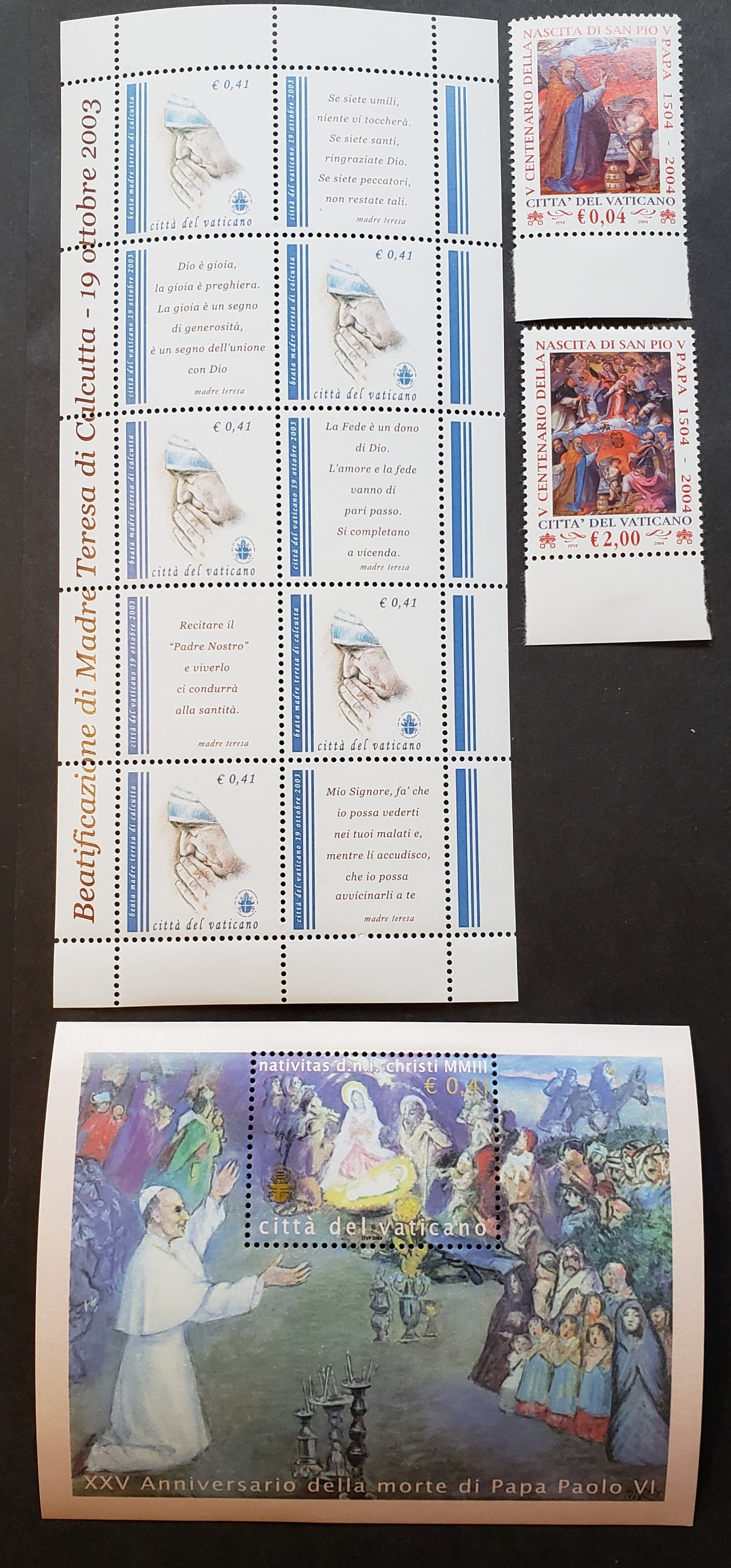 Lot 217 Vatican City SC#1245var/1259 2003-2004 Beatification Of Mother Teresa Of Calcutta / St. Pius V Issues, 2 VFNH Singles, A Sheet Of 5 Plus Labels And A Souvenir Sheet, Click on Listing to See ALL Pictures, 2017 Scott Cat. $14.25