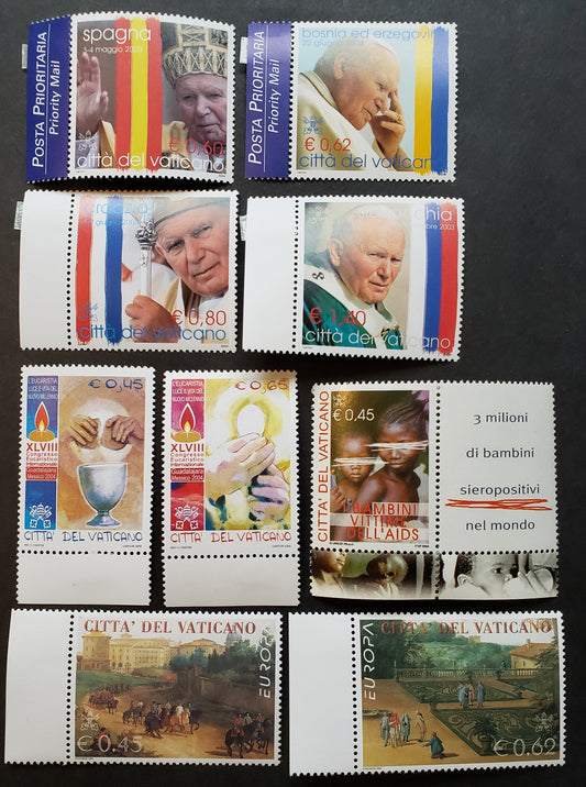 Lot 218 Vatican City SC#1260/1285 2004 Travels Of Pope John Paul II / 48th Intl. Eucharistic Congress Issues, 9 VFNH Singles, Click on Listing to See ALL Pictures, 2017 Scott Cat. $16.1