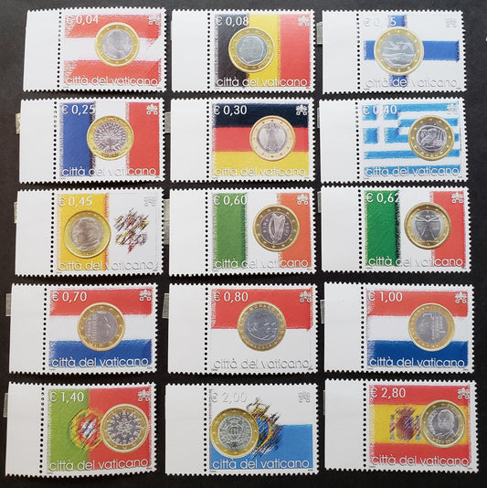 Lot 220 Vatican City SC#1269/1283 2004 Flags And One Euro Coins Issue, 15 VFNH Singles, Click on Listing to See ALL Pictures, 2017 Scott Cat. $28.15