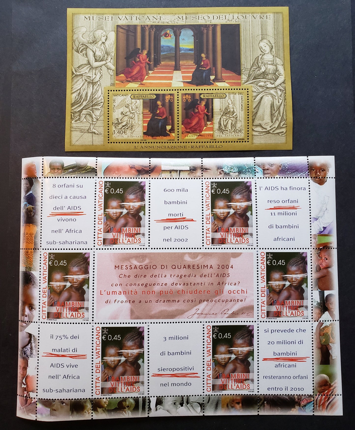 Lot 221 Vatican City SC#1266var/1314 2004-2005 Children AIDS Victims / The Annuciation Issues, A VFNH Sheet Of 6 + Labels And A Sheet Of 2, Click on Listing to See ALL Pictures, 2017 Scott Cat. $16