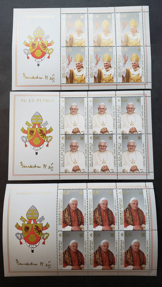 Lot 225 Vatican City SC#1295var/1297var 2005 Pope Benedict XVI Issue, 3 VFNH Sheets Of 6, Click on Listing to See ALL Pictures, 2017 Scott Cat. $31.5