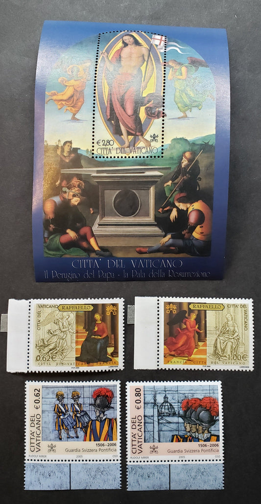 Lot 226 Vatican City SC#1307/1316 2005 Resurrection Of Christ / Swiss Papal Guards Issues, 4 VFNH Singles And A Souvenir Sheet, Click on Listing to See ALL Pictures, 2017 Scott Cat. $15.1