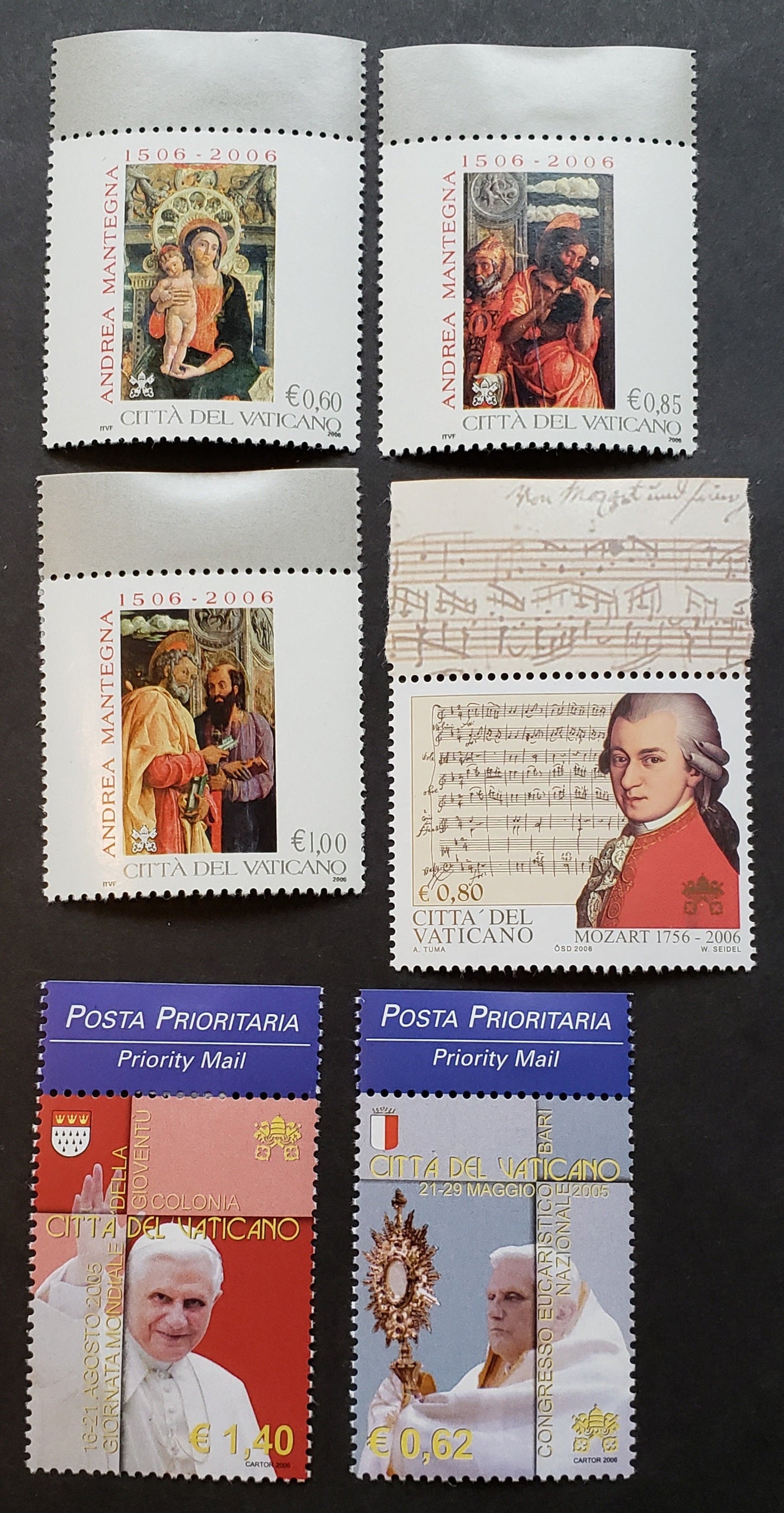 Lot 229 Vatican City SC#1325/1331 2006 Andrea Mantegna / Travels Of Pope Benedict XVI Issues, 6 VFNH Singles, Click on Listing to See ALL Pictures, 2017 Scott Cat. $13.5