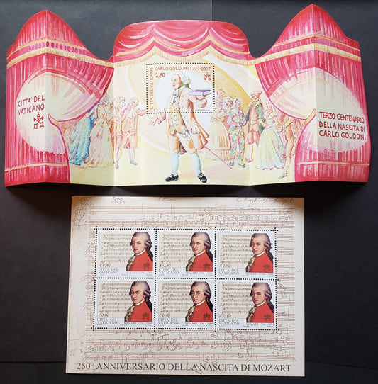 Lot 232 Vatican City SC#1329var/1356 2006-2007 Wolfgang Amadeus Mozart / Carlo Goldoni Issues, A VFNH Souvenir Sheet And A Sheet Of 6, Click on Listing to See ALL Pictures, 2017 Scott Cat. $21.25