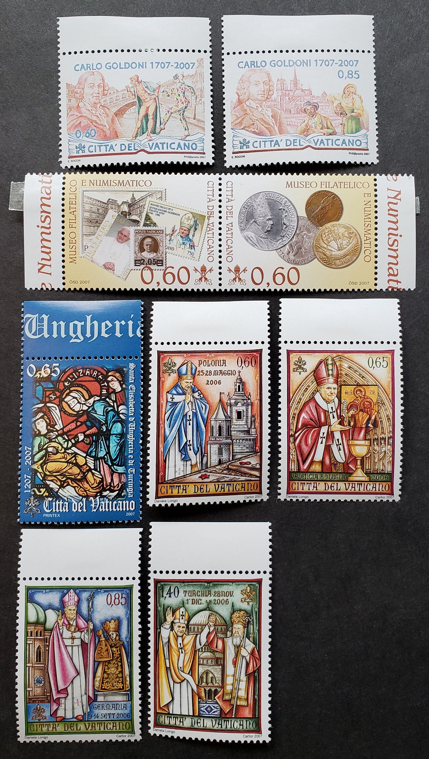 Lot 238 Vatican City SC#1354/1369 2007 Carlo Goldoni / Travels Of Pope Benedict XVI Issues, 7 VFNH Singles And A Pair, Click on Listing to See ALL Pictures, 2017 Scott Cat. $18.75