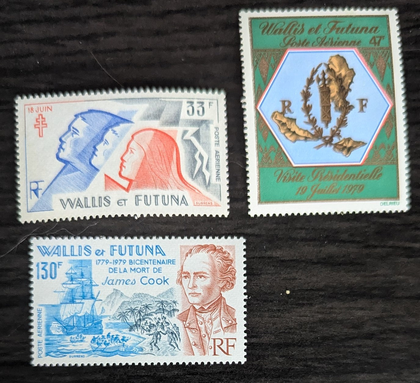 Lot 23 Wallis & Futuna SC#C94-C96 1979 Cross of Lorraine & People - Capt Cook Ships & Island Issues, 3 VFNH Singles, 2017 Scott Cat. $13